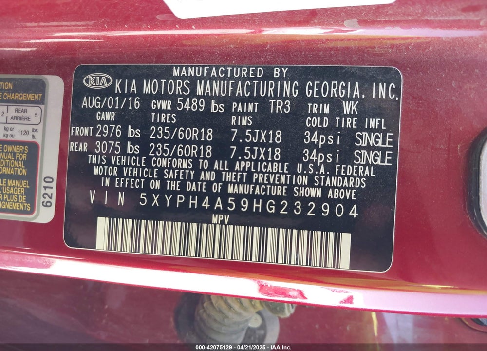 2017 KIA SORENTO VIN: 5XYPH4A59HG232904