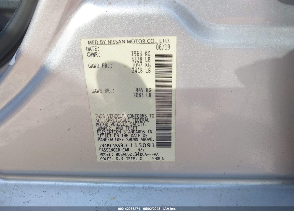 2020 NISSAN ALTIMA VIN: 1N4BL4BV9LC115091