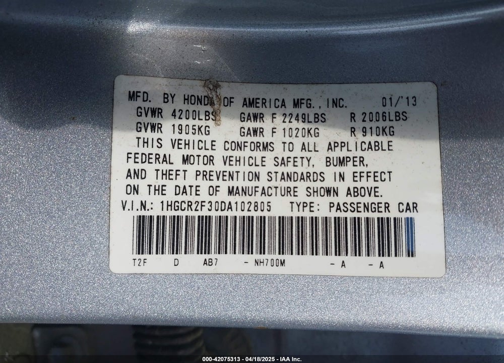 2013 HONDA ACCORD VIN: 1HGCR2F30DA102805