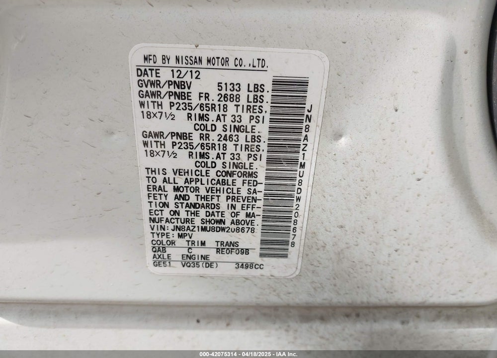 2013 NISSAN MURANO SV VIN: JN8AZ1MU8DW208678