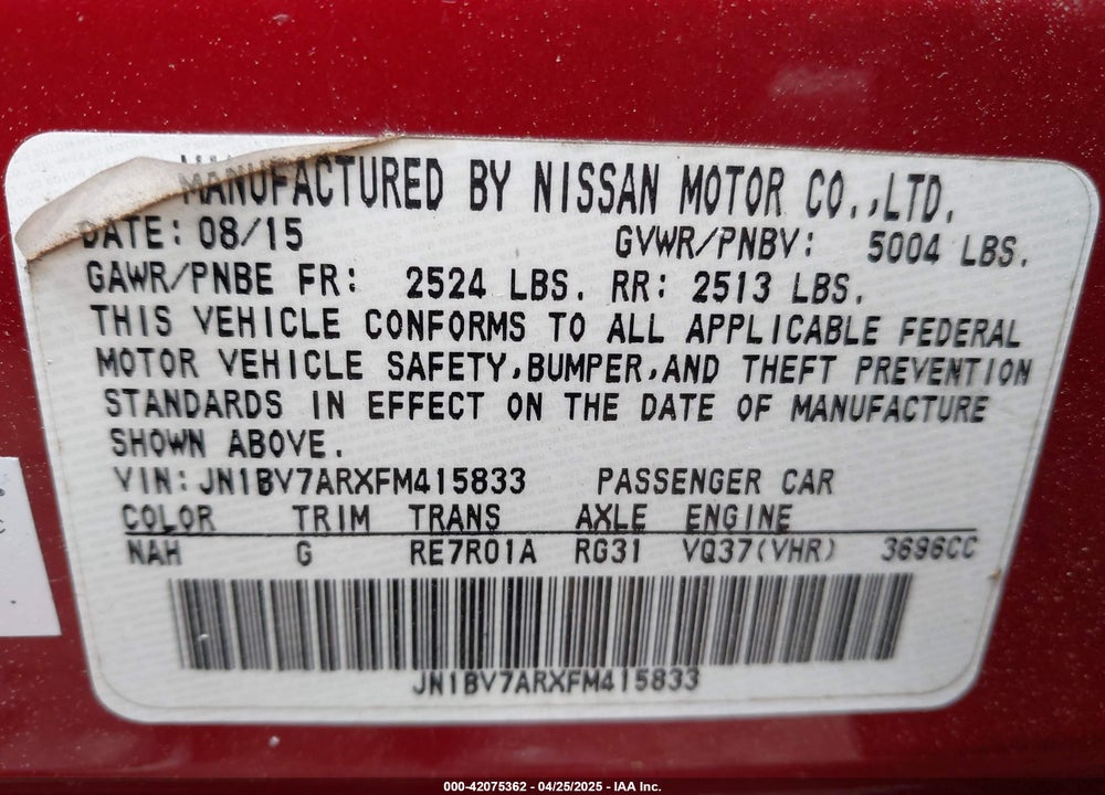 2015 INFINITI Q50 VIN: JN1BV7ARXFM415833