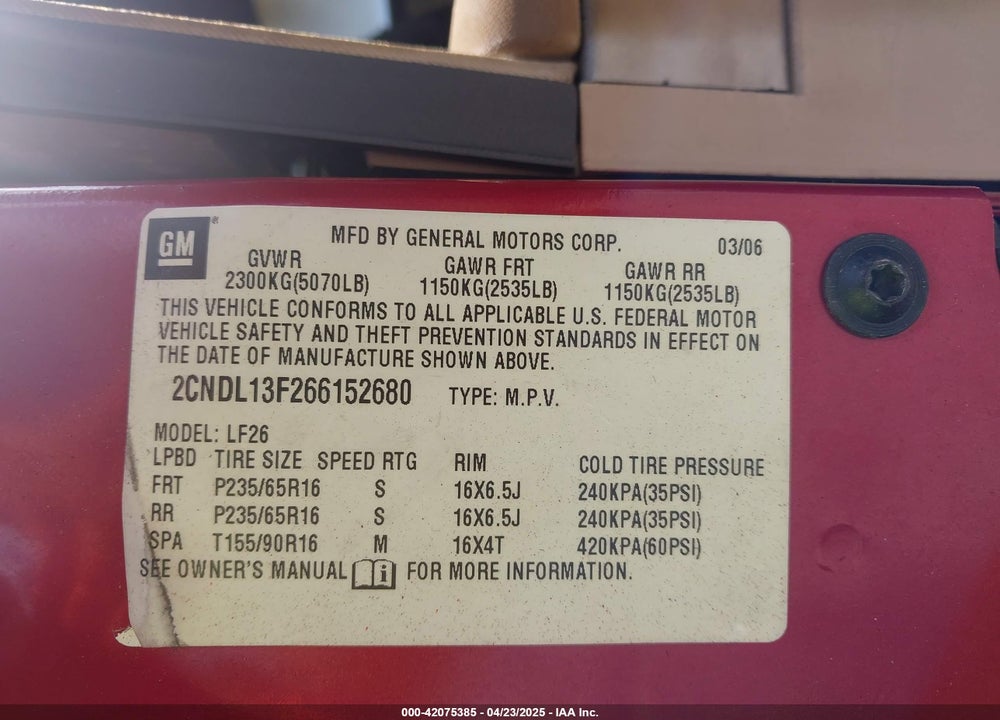 2006 CHEVROLET EQUINOX VIN: 2CNDL13F266152680