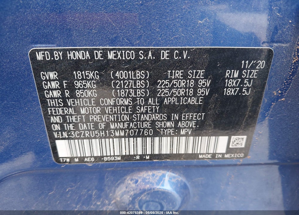 2021 HONDA HR-V VIN: 3CZRU5H13MM707760