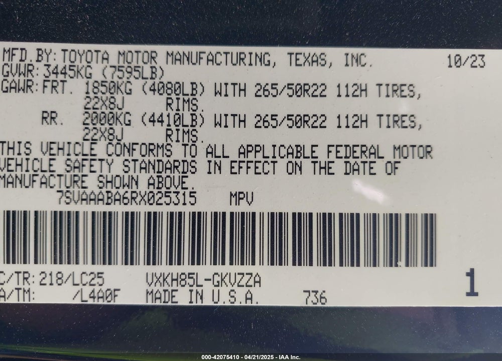 2024 TOYOTA SEQUOIA VIN: 7SVAAABA6RX025315
