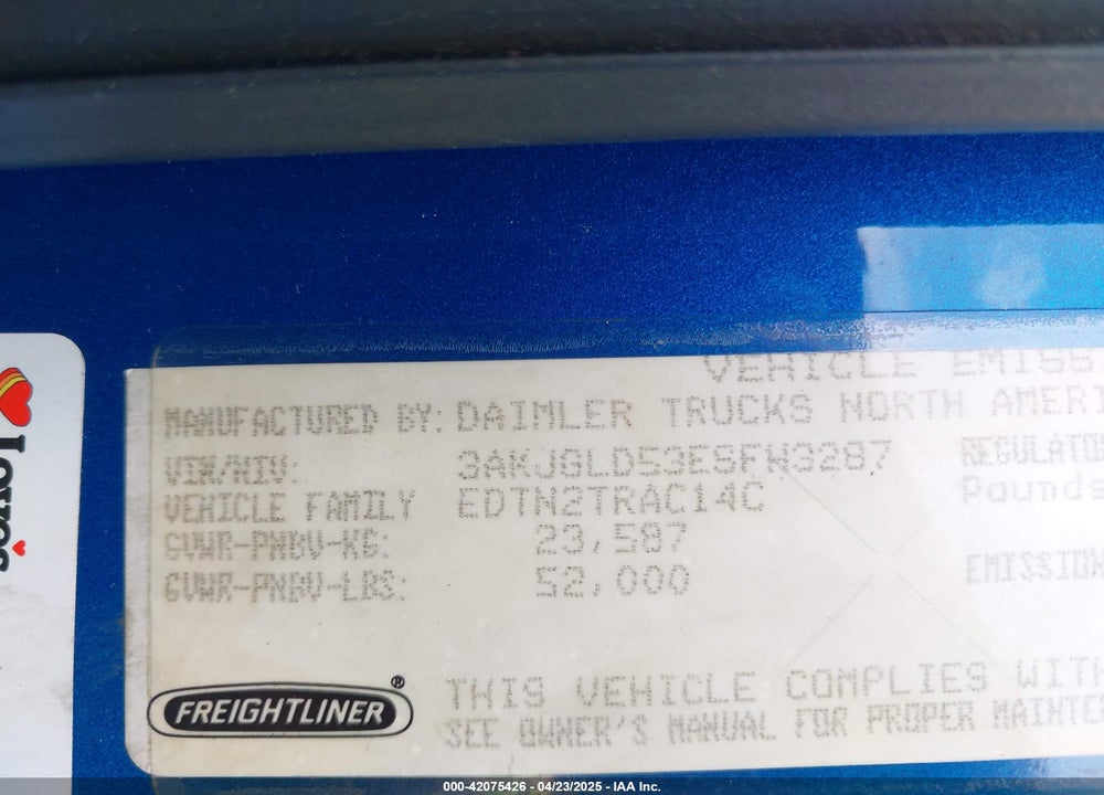 2014 FREIGHTLINER CASCADIA 125 VIN: 3AKJGLD53ESFH3287
