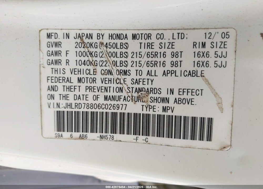 2006 HONDA CR-V VIN: JHLRD78806C026977