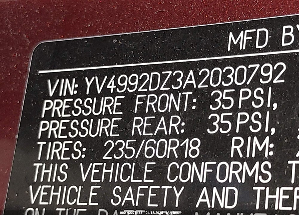 2010 VOLVO XC60 VIN: YV4992DZ3A2030792