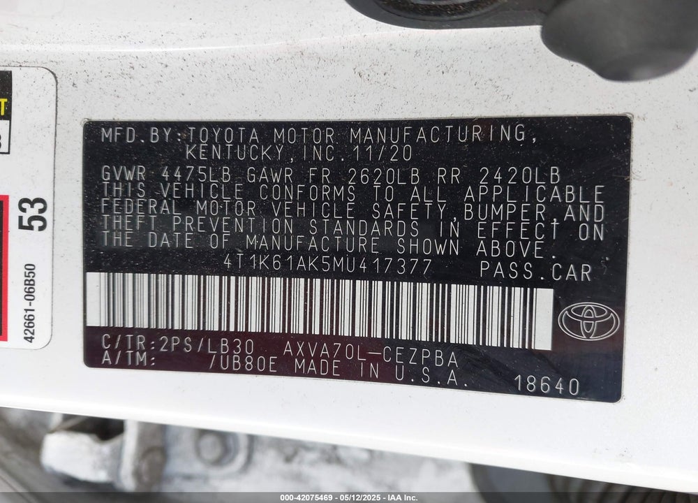 2021 TOYOTA CAMRY XSE VIN: 4T1K61AK5MU417377