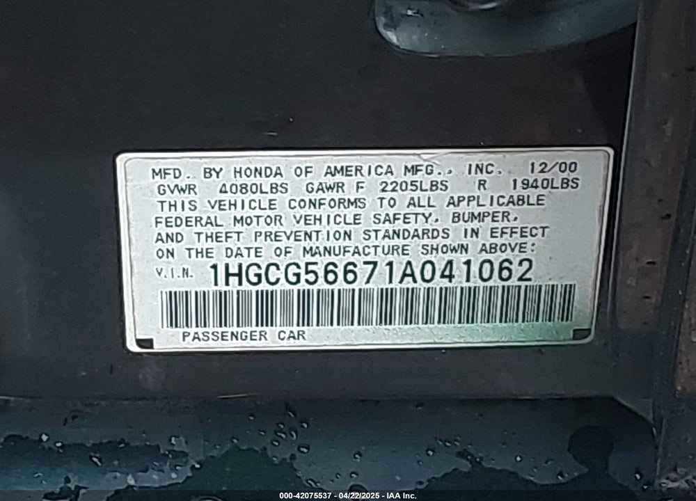 2001 HONDA ACCORD 2.3 EX VIN: 1HGCG56671A041062