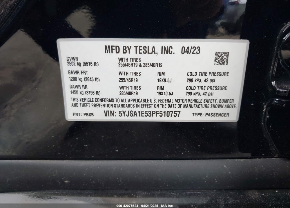 2023 TESLA MODEL S VIN: 5YJSA1E53PF510757