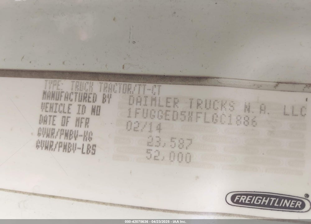 2015 FREIGHTLINER CASCADIA 125 --- VIN: 1FUGGED5XFLGC1886
