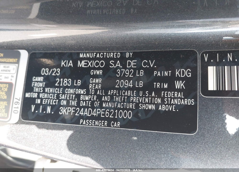 2023 KIA FORTE LXS VIN: 3KPF24AD4PE621000