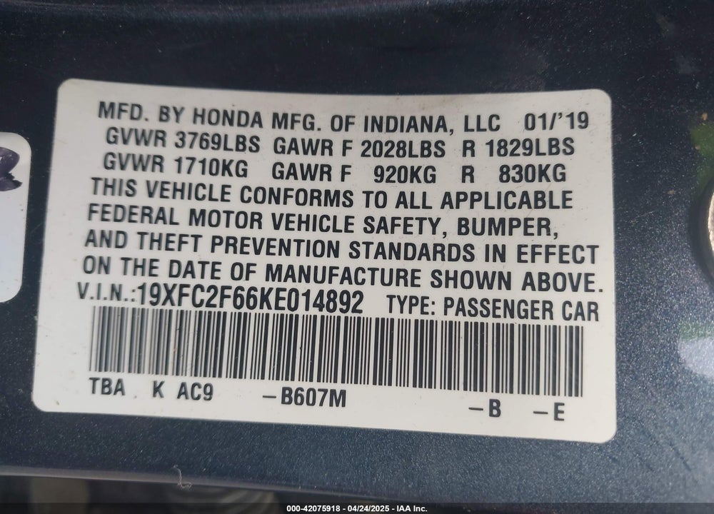 2019 HONDA CIVIC LX VIN: 19XFC2F66KE014892