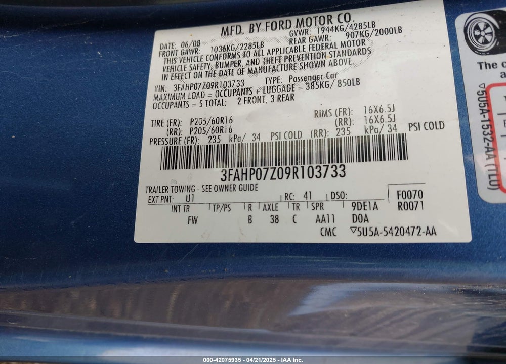 2009 FORD FUSION SE VIN: 3FAHP07Z09R103733