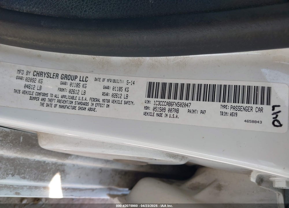 2015 CHRYSLER 200 VIN: 1C3CCCAB6FN502047