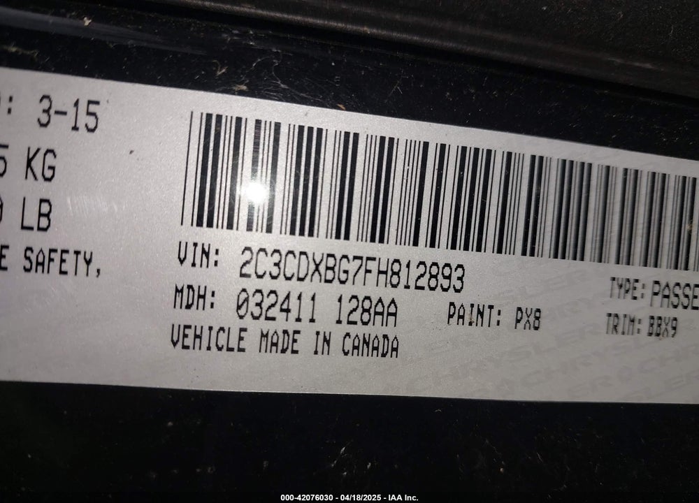 2015 DODGE CHARGER SE VIN: 2C3CDXBG7FH812893
