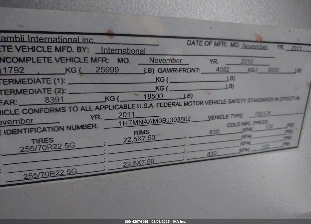 2011 INTERNATIONAL 4000 4300 LP VIN: 1HTMNAAM0BJ393802