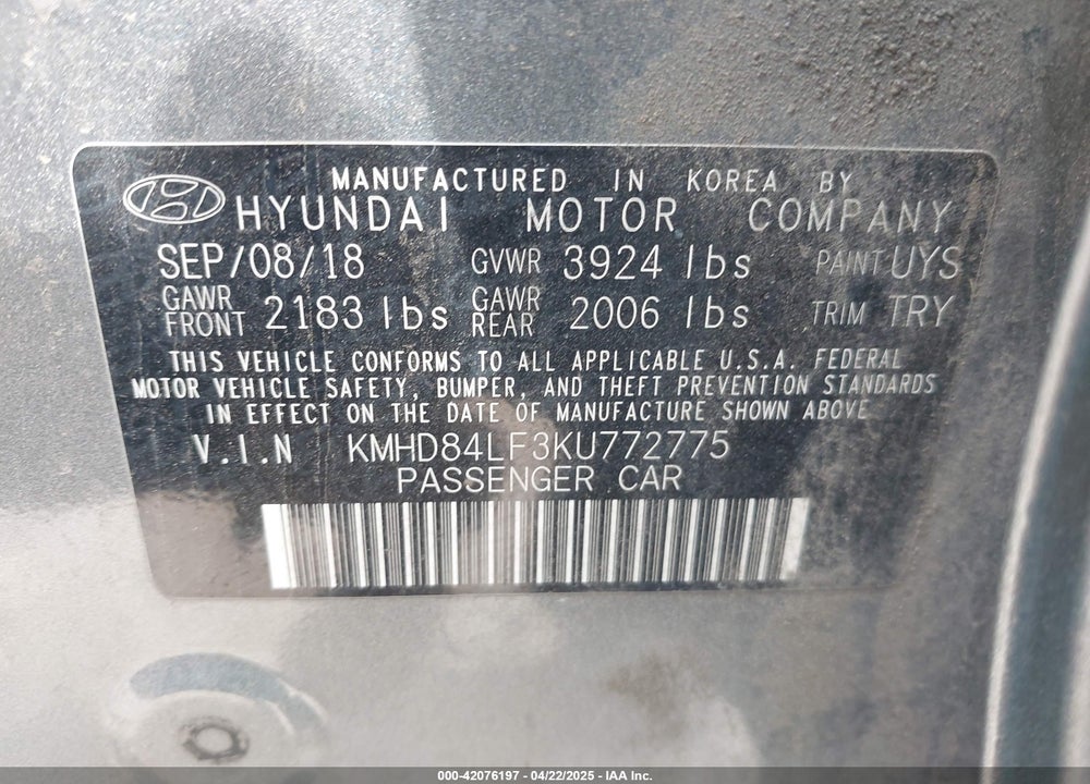 2019 HYUNDAI ELANTRA SEL VIN: KMHD84LF3KU772775
