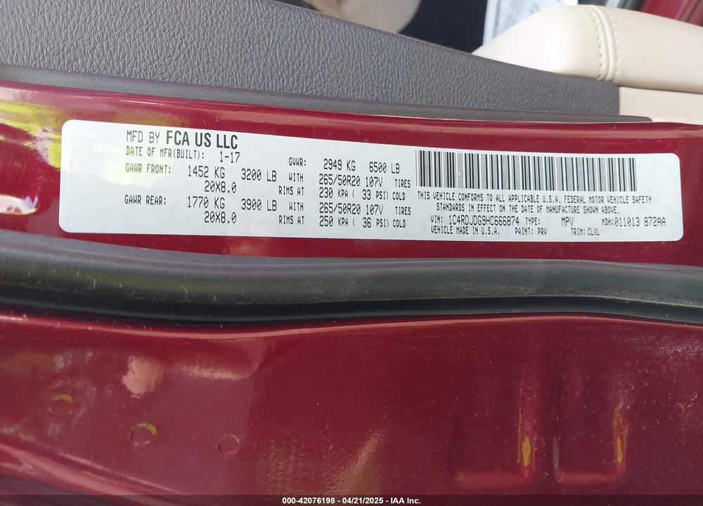 2017 DODGE DURANGO VIN: 1C4RDJDG9HC666874
