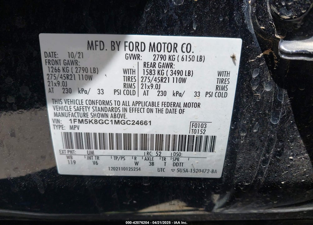 2021 FORD EXPLORER ST VIN: 1FM5K8GC1MGC24661