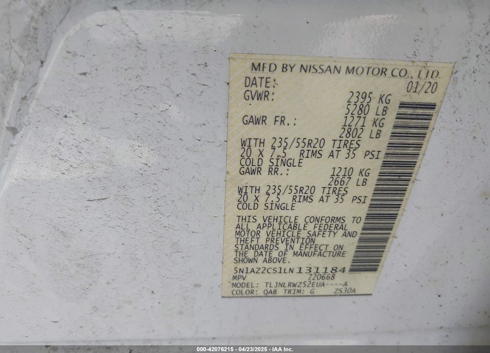 2020 NISSAN MURANO VIN: 5N1AZ2CS1LN131184