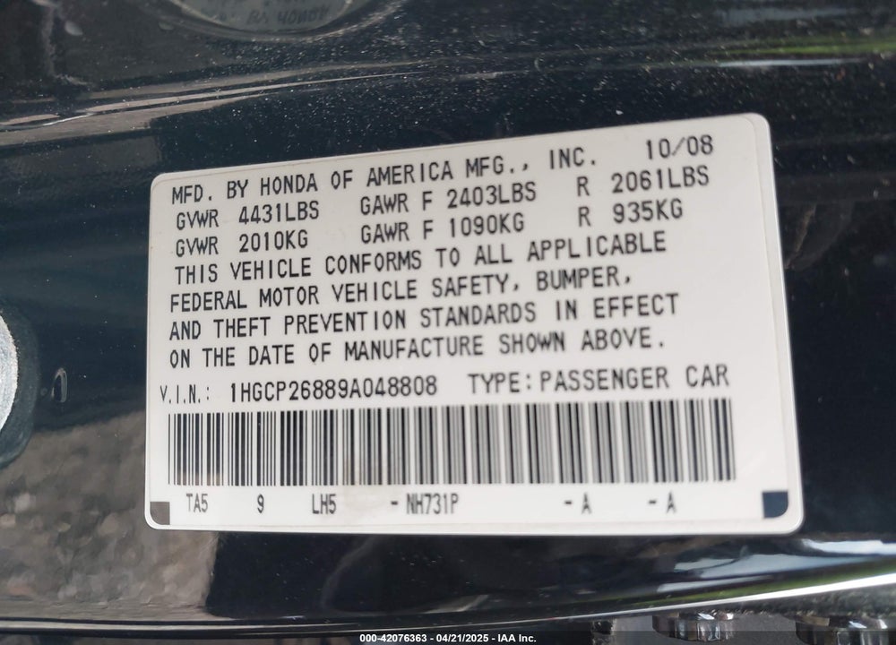 2009 HONDA ACCORD VIN: 1HGCP26889A048808