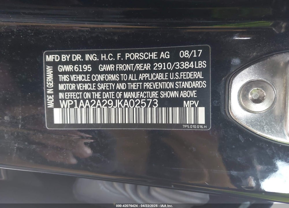 2018 PORSCHE CAYENNE VIN: WP1AA2A29JKA02573