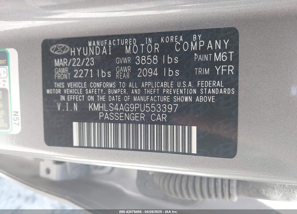 2023 HYUNDAI ELANTRA VIN: KMHLS4AG9PU553397