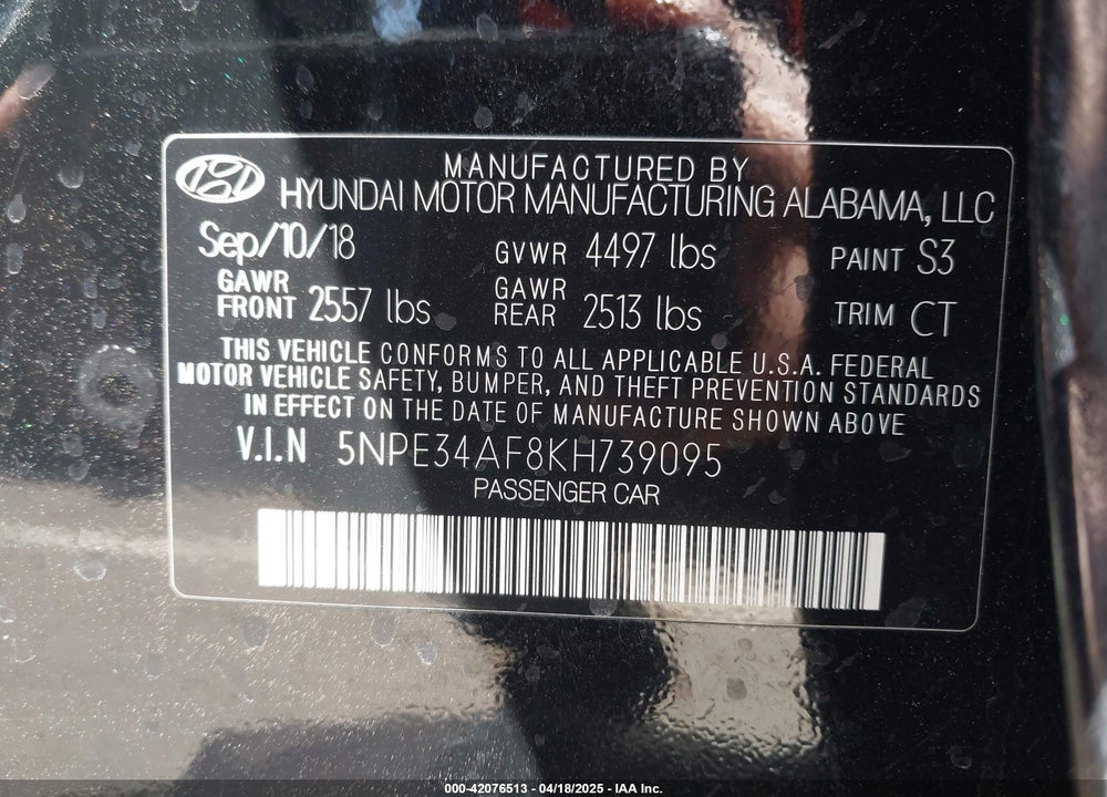 2019 HYUNDAI SONATA VIN: 5NPE34AF8KH739095