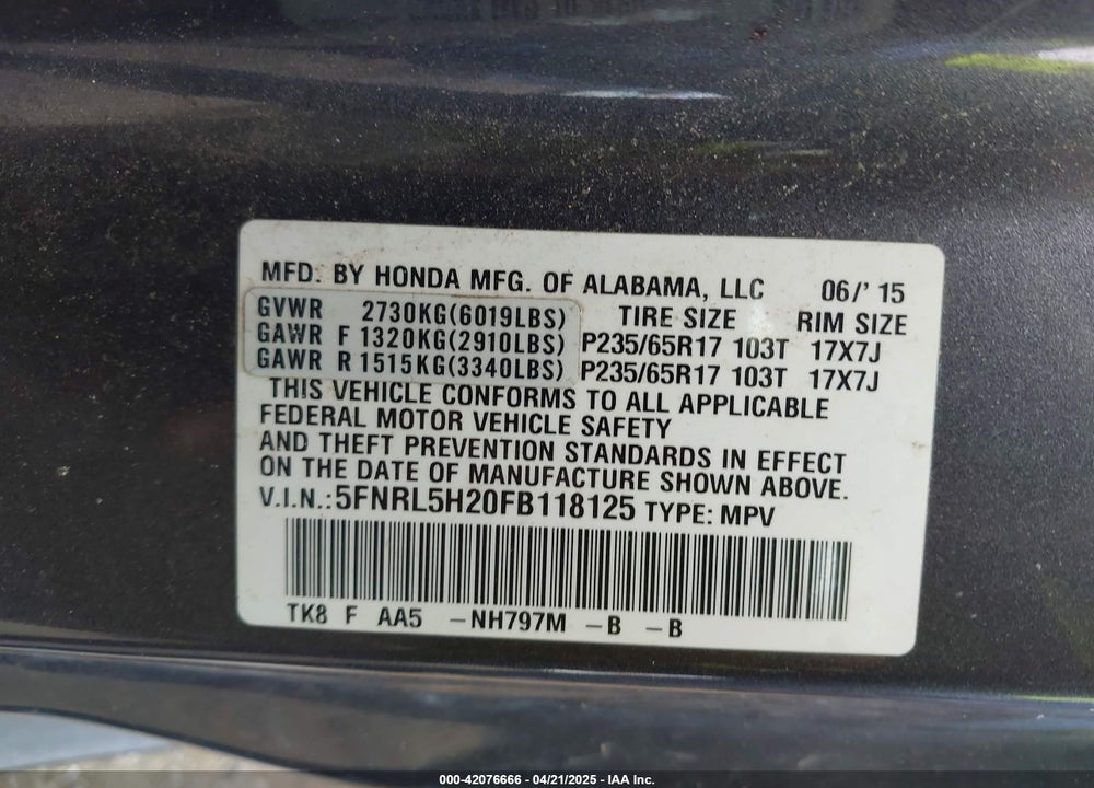 2015 HONDA ODYSSEY VIN: 5FNRL5H20FB118125