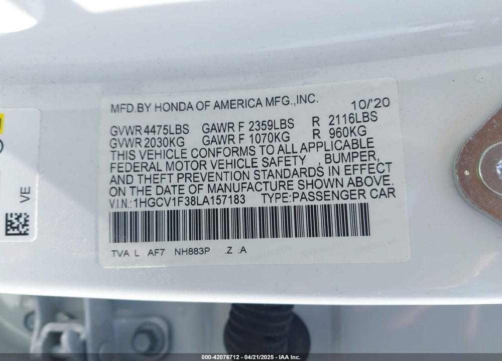 2020 HONDA ACCORD VIN: 1HGCV1F38LA157183