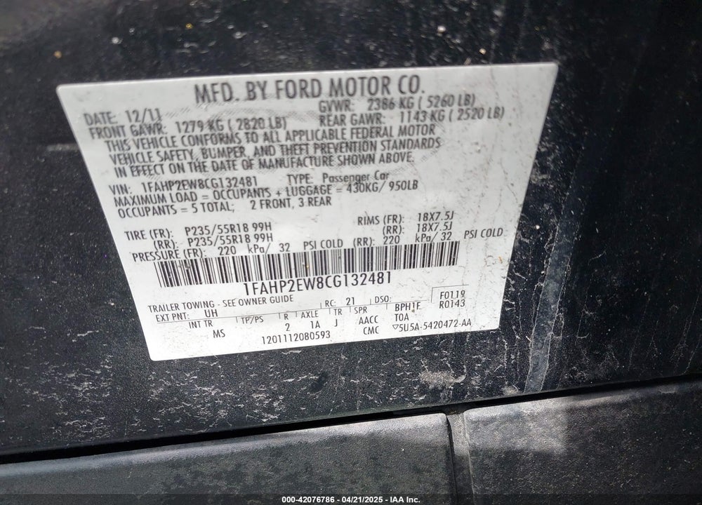 2012 FORD TAURUS SEL VIN: 1FAHP2EW8CG132481