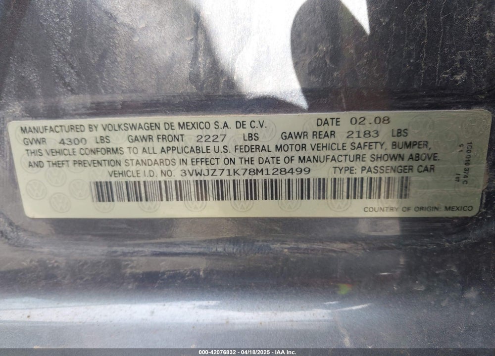 2008 VOLKSWAGEN JETTA VIN: 3VWJZ71K78M128499