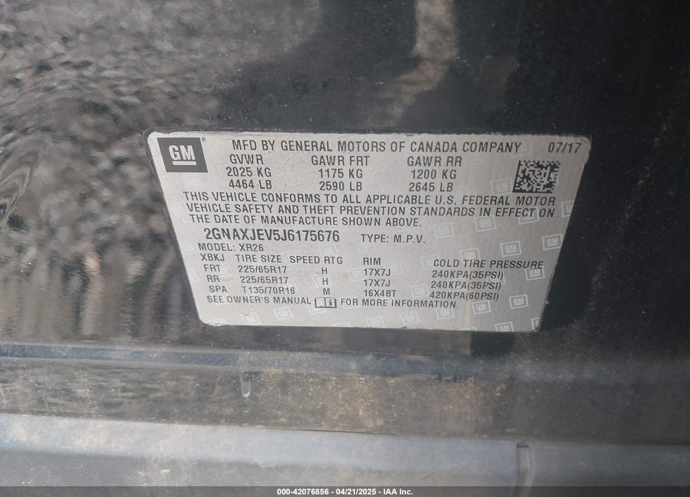 2018 CHEVROLET EQUINOX VIN: 2GNAXJEV5J6175676