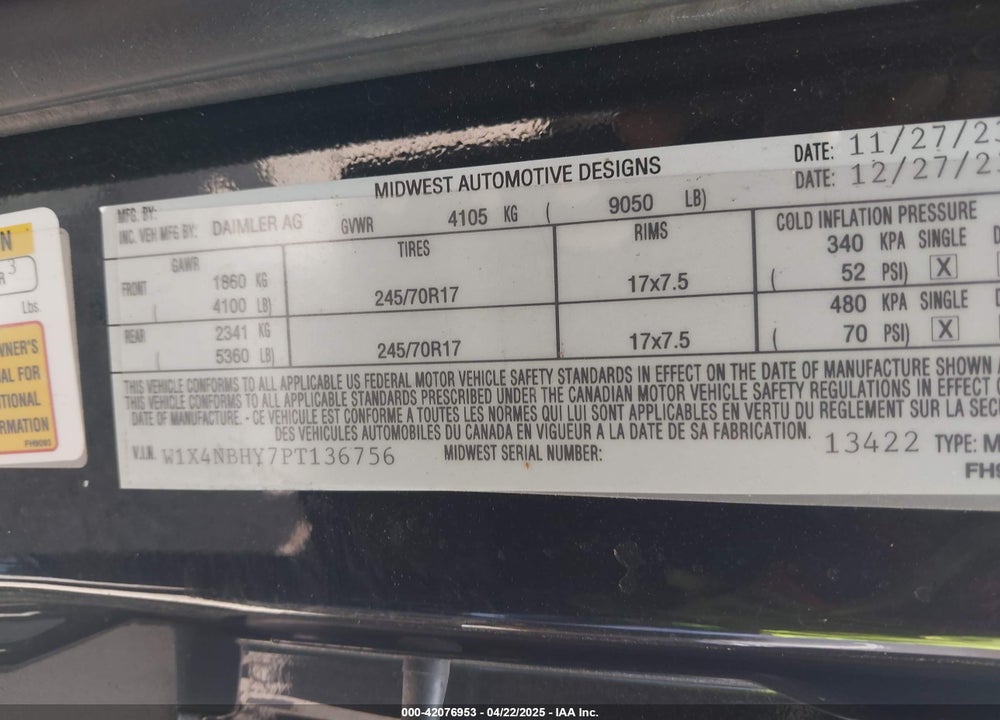 2023 MERCEDES-BENZ SPRINTER 2500 STANDARD ROOF 4-CYL DIESEL HO VIN: W1X4NBHY7PT136756