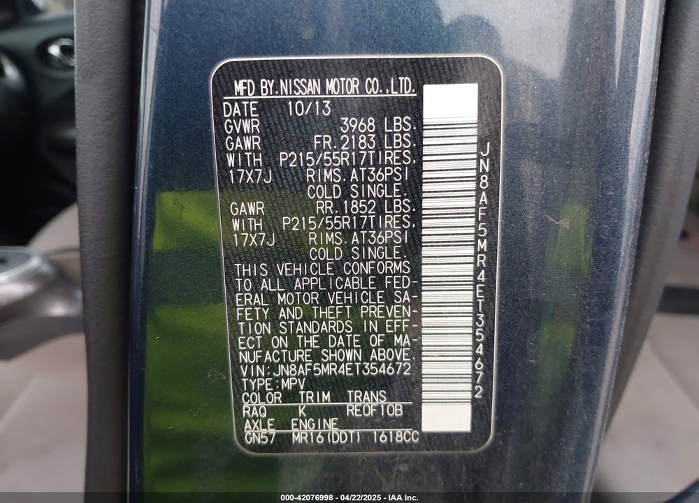 2014 NISSAN JUKE VIN: JN8AF5MR4ET354672