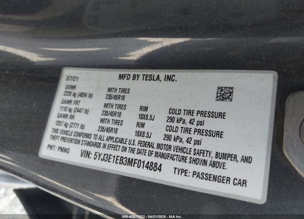 2021 TESLA MODEL 3 LONG RANGE DUAL MOTOR ALL-WHEEL DRIVE VIN: 5YJ3E1EB3MF014884