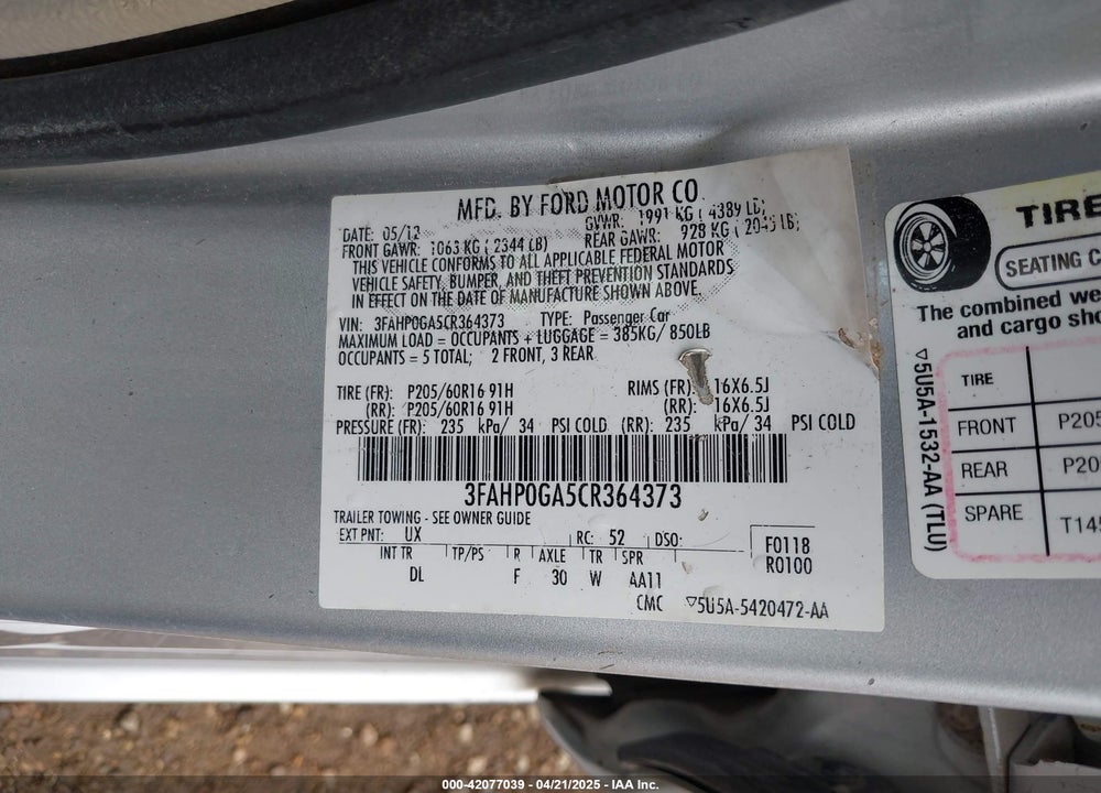 2012 FORD FUSION VIN: 3FAHP0GA5CR364373
