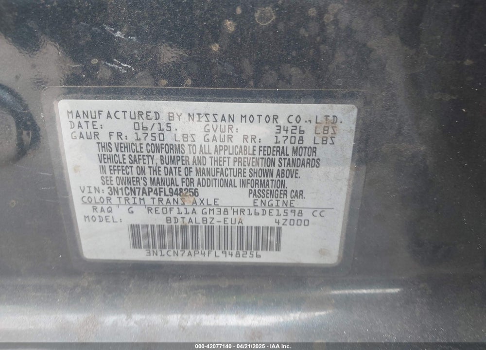 2015 NISSAN VERSA 1.6 SV VIN: 3N1CN7AP4FL948256