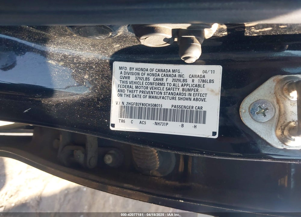 2012 HONDA CIVIC VIN: 2HGFB2F80CH508015