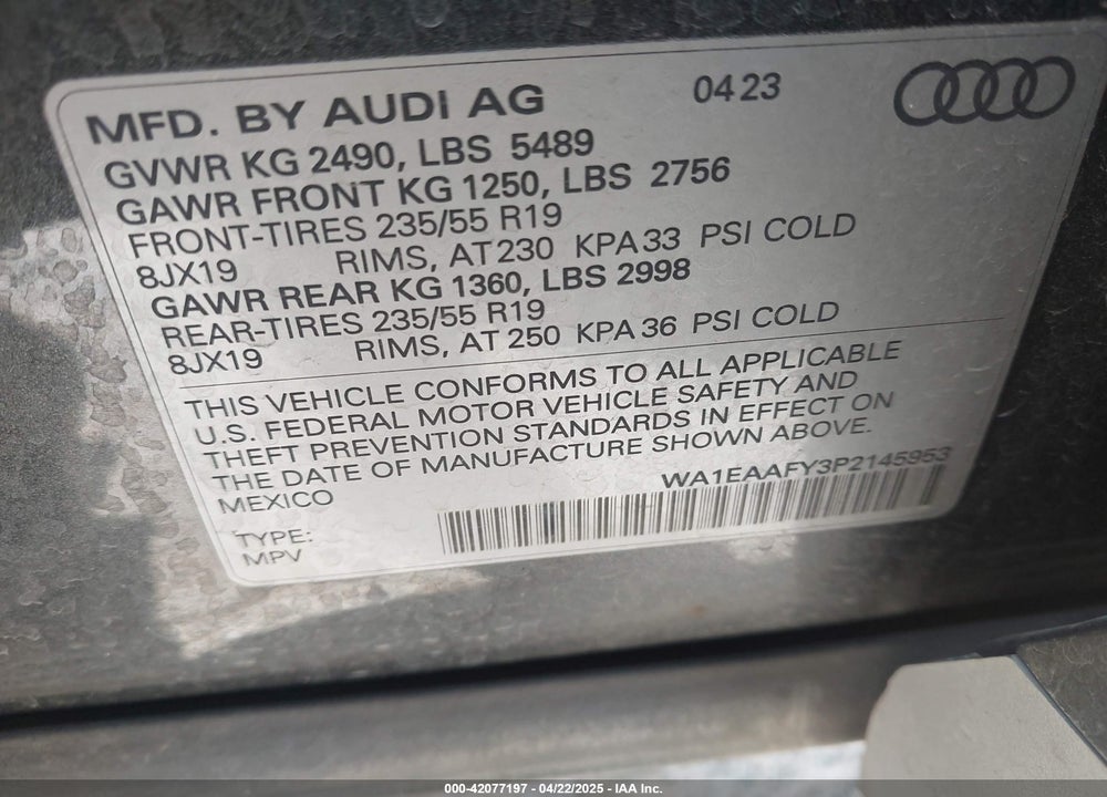 2023 AUDI Q5 VIN: WA1EAAFY3P2145953