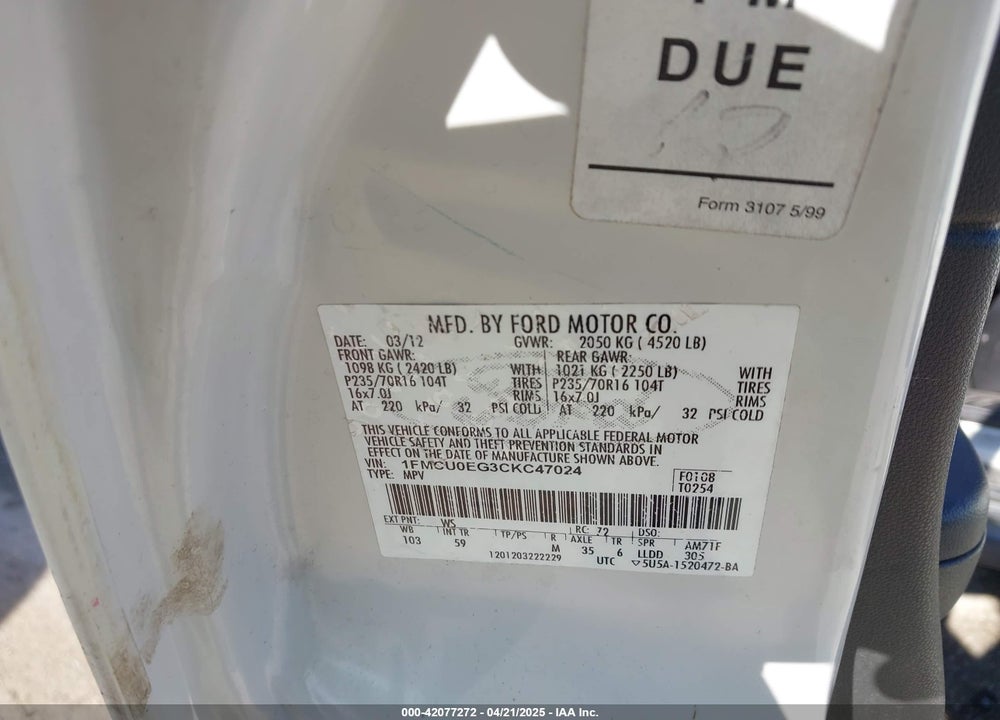 2012 FORD ESCAPE VIN: 1FMCU0EG3CKC47024