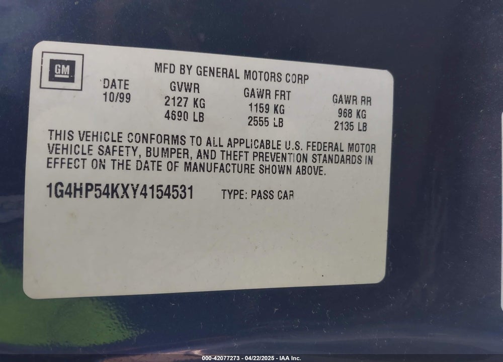 2000 BUICK LESABRE CUSTOM VIN: 1G4HP54KXY4154531