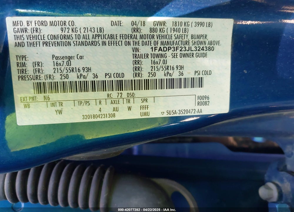 2018 FORD FOCUS VIN: 1FADP3F23JL324380