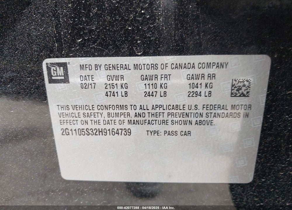 2017 CHEVROLET IMPALA VIN: 2G1105S32H9164739