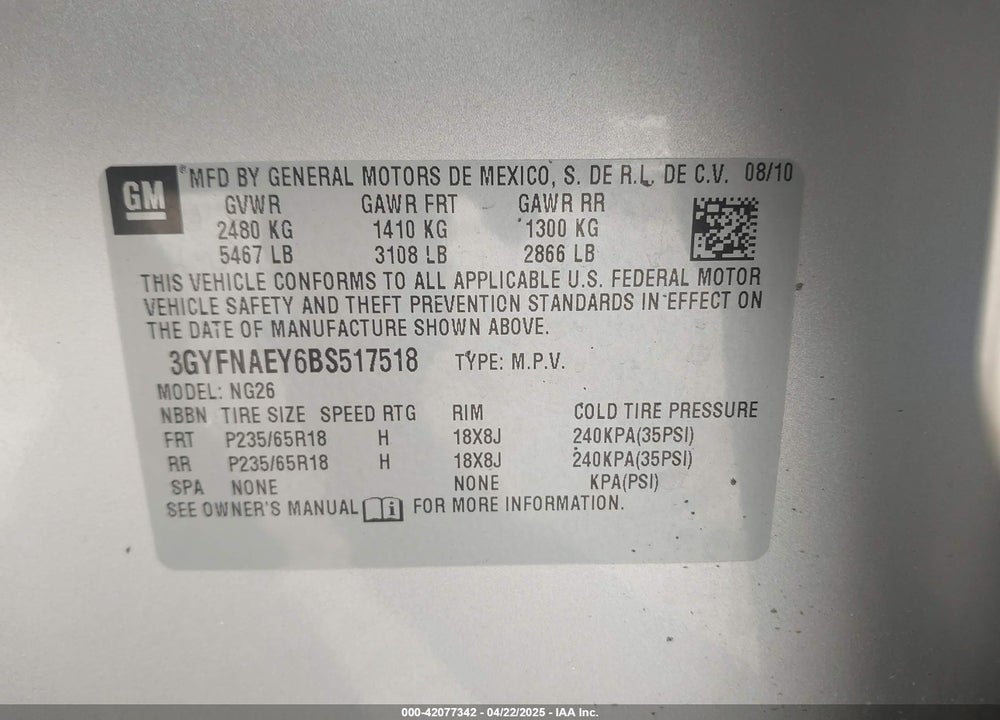 2011 CADILLAC SRX VIN: 3GYFNAEY6BS517518