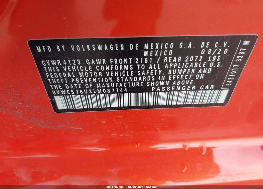 2020 VOLKSWAGEN JETTA VIN: 3VWE57BUXLM087744