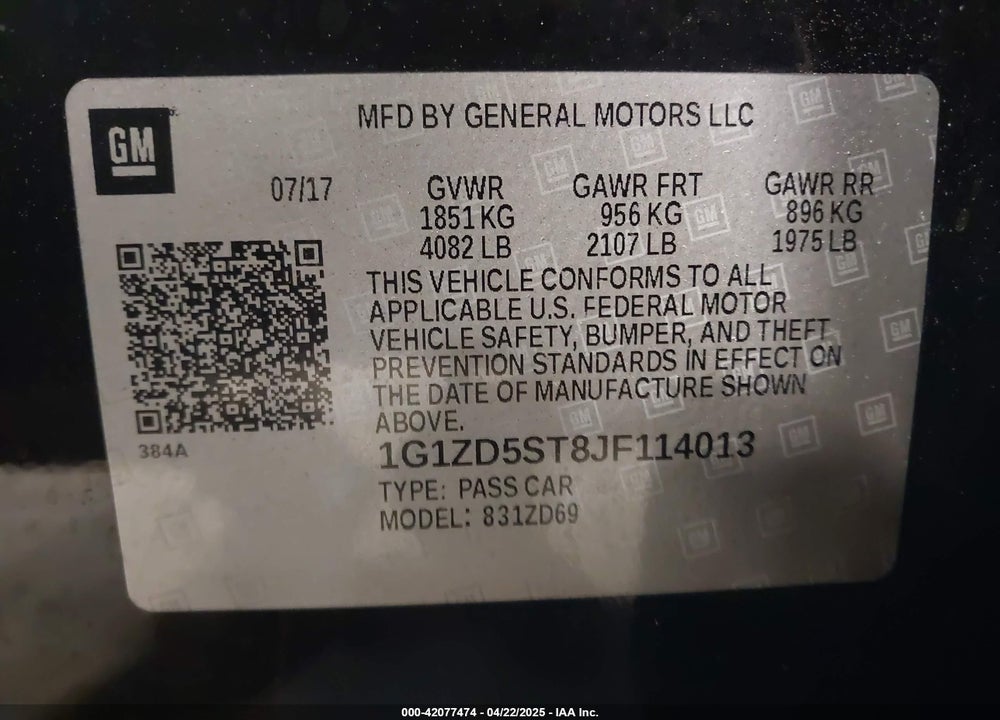 2018 CHEVROLET MALIBU LT VIN: 1G1ZD5ST8JF114013