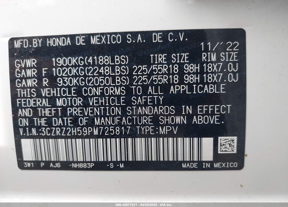 2023 HONDA HR-V AWD SPORT VIN: 3CZRZ2H59PM725817