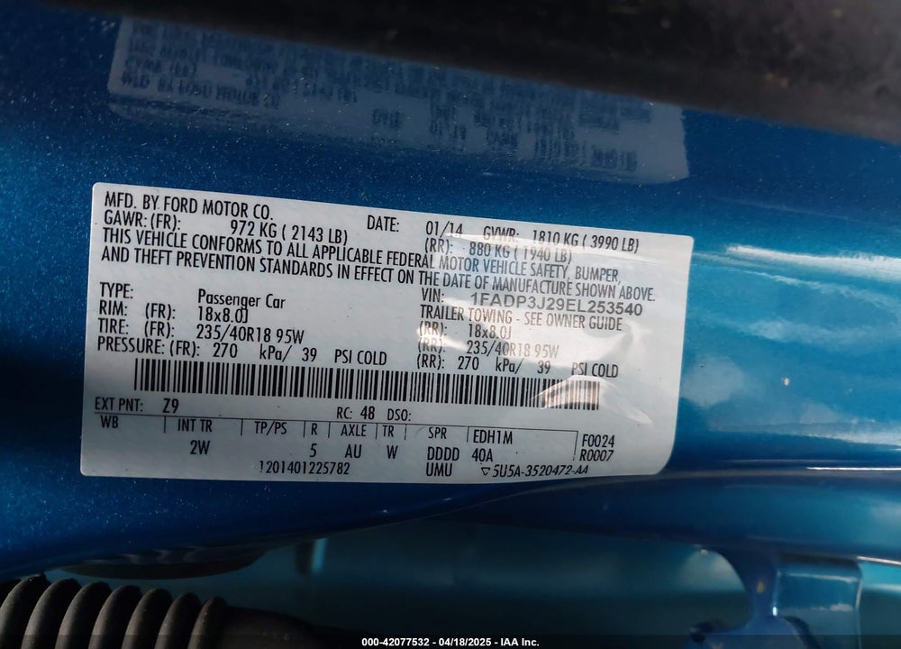 2014 FORD FOCUS TITANIUM VIN: 1FADP3J29EL253540